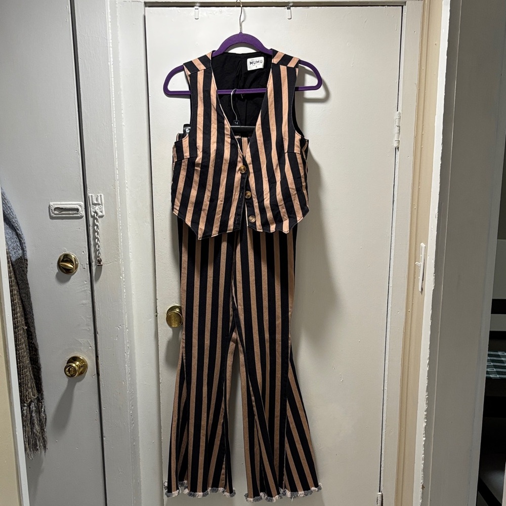 Show Me Your MuMu Black and Tan Striped Jumpsuit
